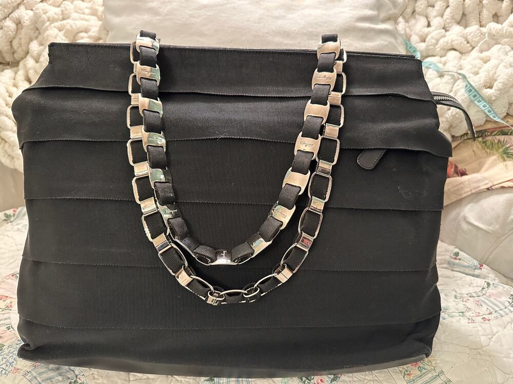 VINTAGE FERRAGAMO LARGE CHAIN LINK CANVAS TOTE BAG